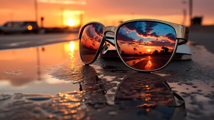 In einer Sonnenbrille spiegelt sich der Sonnenuntergang.