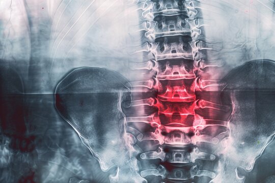 x-ray of a spine with red and black highlighted