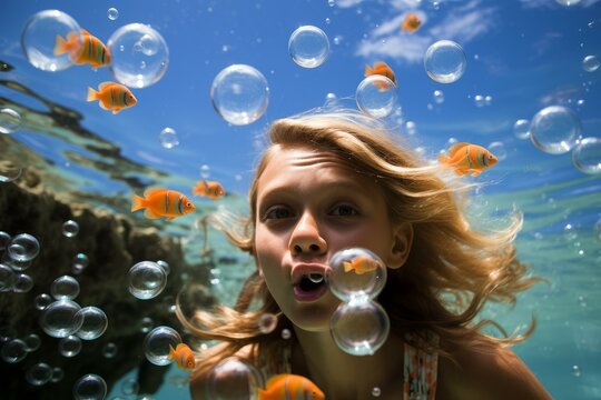 Senior man snorkeling bubbles. Male mask fun. Generate Ai