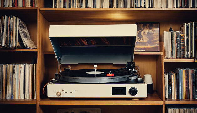 Vintage Turntable in a Home Library with Vinyl Record Collection