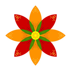 Dessin d'une fleur à huit pétales rouges, orangés et verts