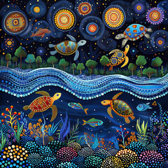 Australian Aboriginal dot painting style art landscape with a river, fish and turtles.