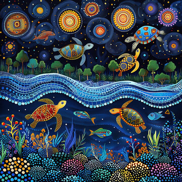 Australian Aboriginal dot painting style art landscape with a river, fish and turtles.