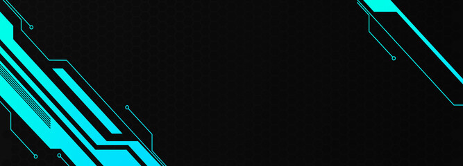 Abstract geometrical cyber tech metaverse digital web 3 horizontal dark banner design template blank with place for text . Geometrical cyan blue neon sci fi cyberpunk shapes interface hud hui