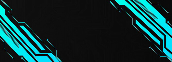 Abstract geometrical cyber tech metaverse digital web 3 horizontal dark banner design template blank with place for text . Geometrical cyan blue neon sci fi cyberpunk shapes interface hud hui