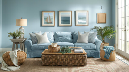 Interior of modern living room with blue sofa and wicker basket