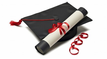 Diploma and graduation cap separated on a white background
