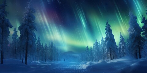 Stunning display of aurora borealis above a forest of snow-laden trees in a winter landscape