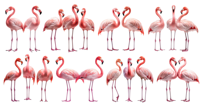 Set of gracefully standing elegant pink flamingos, cut out