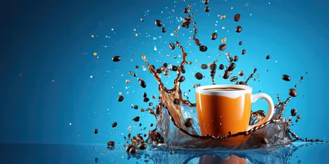 Foto op Plexiglas Splash of coffee and beans on blue background © Coosh448