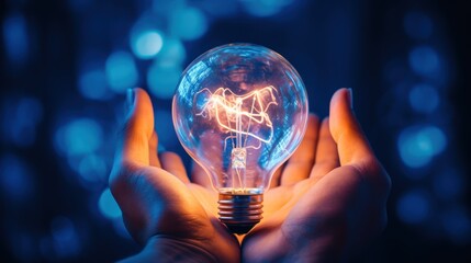 Conceptual image of a glowing light bulb in hands, symbolizing a bright idea.
