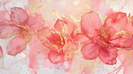 Spring floral in watercolor vector background. Luxury wallpaper design with pink flowers, line art, golden texture. Elegant gold blossom flowers illustration suitable for fabric, cover. Generative Ai