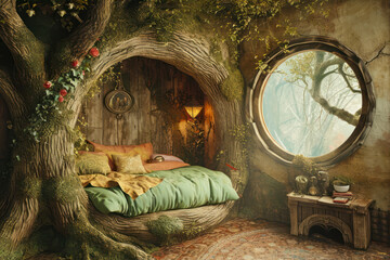 fantasy bedroom with a big tree and a bed