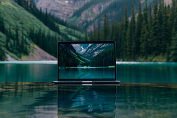 a laptop on a table with a lake and mountains in the background