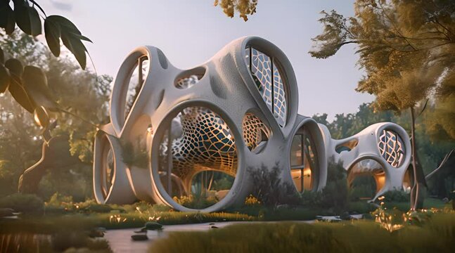 Futuristic Organic Architecture in Lush Forest with AI generated.
