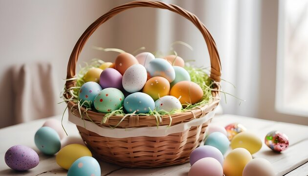 Multicoloured Easter eggs in a beautiful wooden bowl on a table