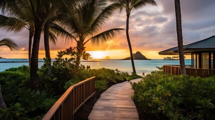 Tropical sunset view from a path leading to beachfront rentals.