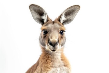 Close up portrait of a curious kangaroo staring into the camera against a plain white background