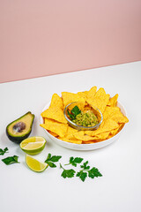 Nachos. Crispy tortilla chips topped with melted cheddar cheese, salsa, red pepper, jalapeno, guacamole, lime and garlic. Classic traditional Tex-Mex or Mexican restaurant menu item.