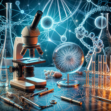 a science lab with a microscope and a strand of strands, a microscopic photo  shutterstock contest winner, neoplasticism, stockphoto, stock photo, biomorphic