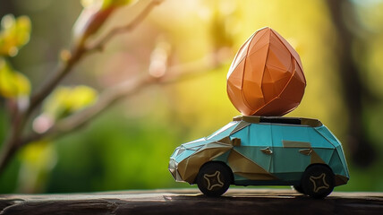 Easter egg on the roof of car using origami technique - obrazy, fototapety, plakaty