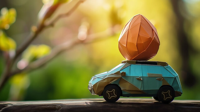 Fototapeta Easter egg on the roof of car using origami technique