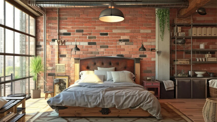 loft style bedroom with red brick wall and wooden floor