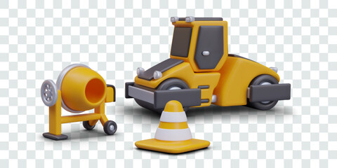 Yellow concrete mixer, asphalt paver, signal cone. Professional equipment