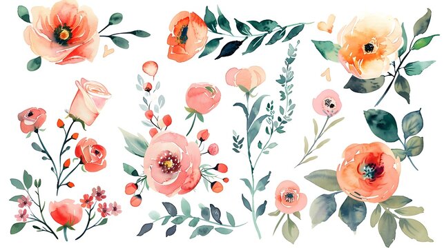 Summer floral bouquet watercolor vector elements design. Botanical watercolor vector collection of flower, leaves, and branches. Generative Ai