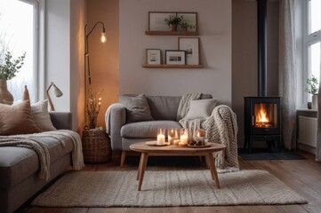 A living room with fireplace