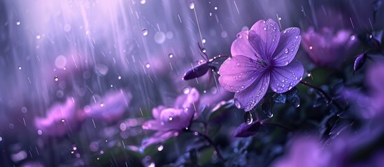 Purple flowers bloom vibrantly under the raindrops on a cloudy day, showcasing their beauty amidst the drizzle and grey skies.