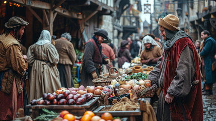 Bustling medieval marketplace scene with villagers trading goods