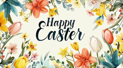 Happy Easter greeting with vibrant watercolor spring florals - obrazy, fototapety, plakaty