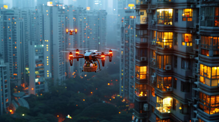 Drone delivering Easter basket amidst futuristic cityscape