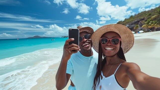 multiracial smiling couple taking a portrait on the paradise beach