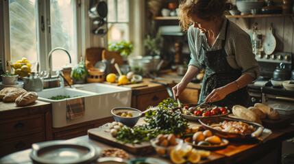 Woman prepares a festive Easter meal in a rustic home kitchen - obrazy, fototapety, plakaty