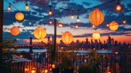 Festive rooftop garden party at sunset with string lights and city skyline view