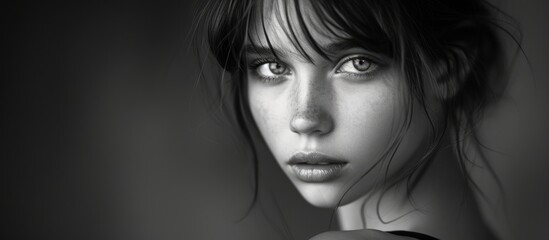 A close-up black and white portrait of a European woman with bare shoulders, showcasing her big eyes and distinct facial features. The photograph captures her expression with clarity and depth. - obrazy, fototapety, plakaty