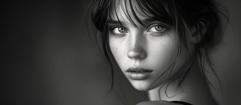A close-up black and white portrait of a European woman with bare shoulders, showcasing her big eyes and distinct facial features. The photograph captures her expression with clarity and depth.