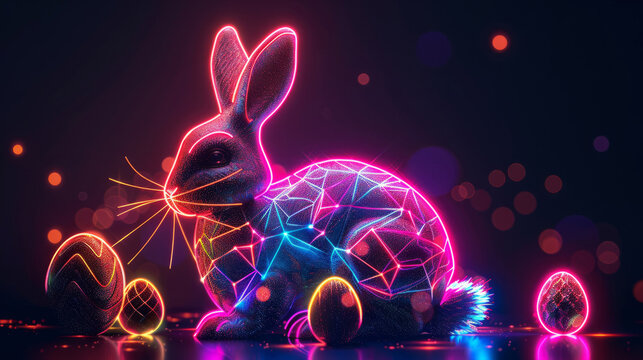Vibrant neon Easter Bunny with geometric patterns for festive decoration