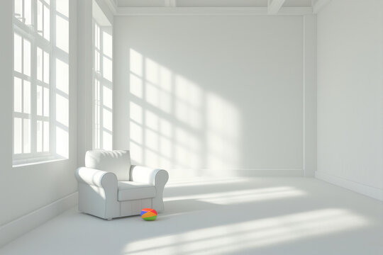 White living room with a white sofa and an inflatable ring.