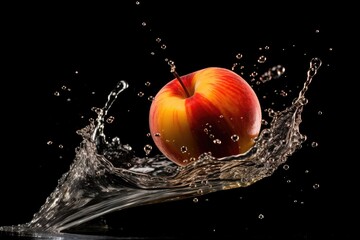 Nectarine plunging into water, highlighting its smooth skin. black background.