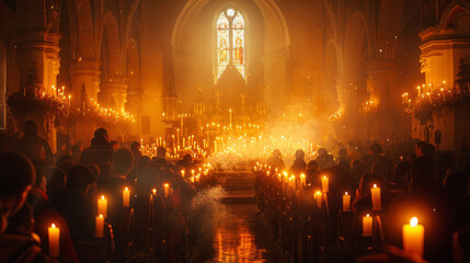 Candlelit ceremony in church with worshippers holding candles