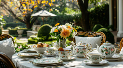 Elegant Easter brunch table setting with fine china in a garden
