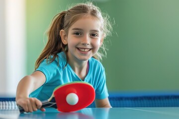 A young girl is playing ping pong with a red paddle - obrazy, fototapety, plakaty