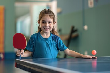 A young girl is smiling and holding a red paddle, ready to play ping pong