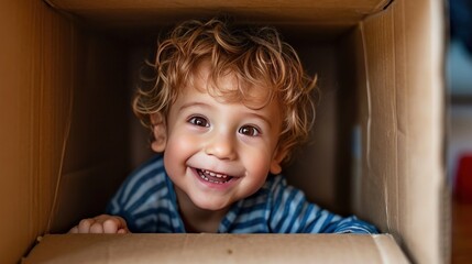 naughty boy smiling playing in cardboard box - obrazy, fototapety, plakaty