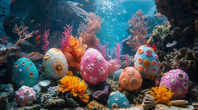 Underwater Easter celebration with colorful decorated eggs and mermaids