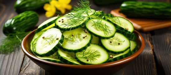 A wooden table is seen from above, with a bowl filled with fresh cucumbers in the center. The cucumbers are green and sliced, ready to be enjoyed or used for cooking.