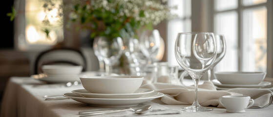 Inviting dining table set elegantly with glassware and linen, ready for a sophisticated dining experience